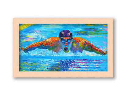 A painting of swimmer Michael Phelps in action, swimming through waters reflecting an American flag. Printed on canvas and framed.