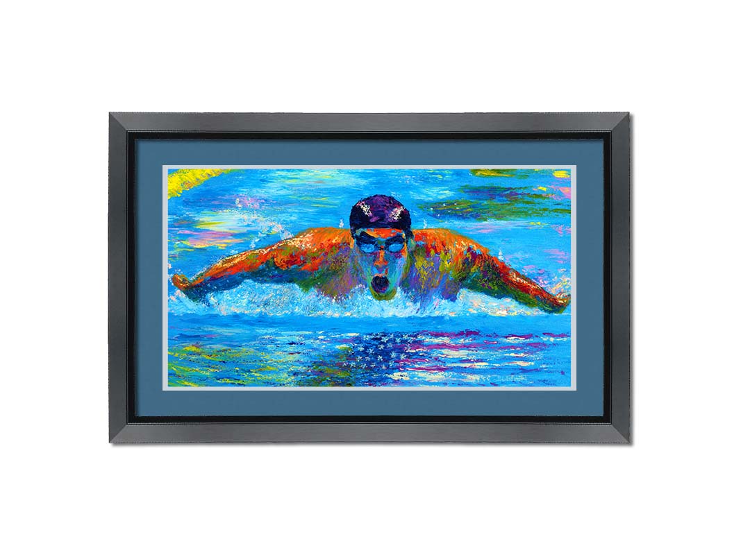 A painting of swimmer Michael Phelps in action, swimming through waters reflecting an American flag. Printed on paper, matted, and framed.