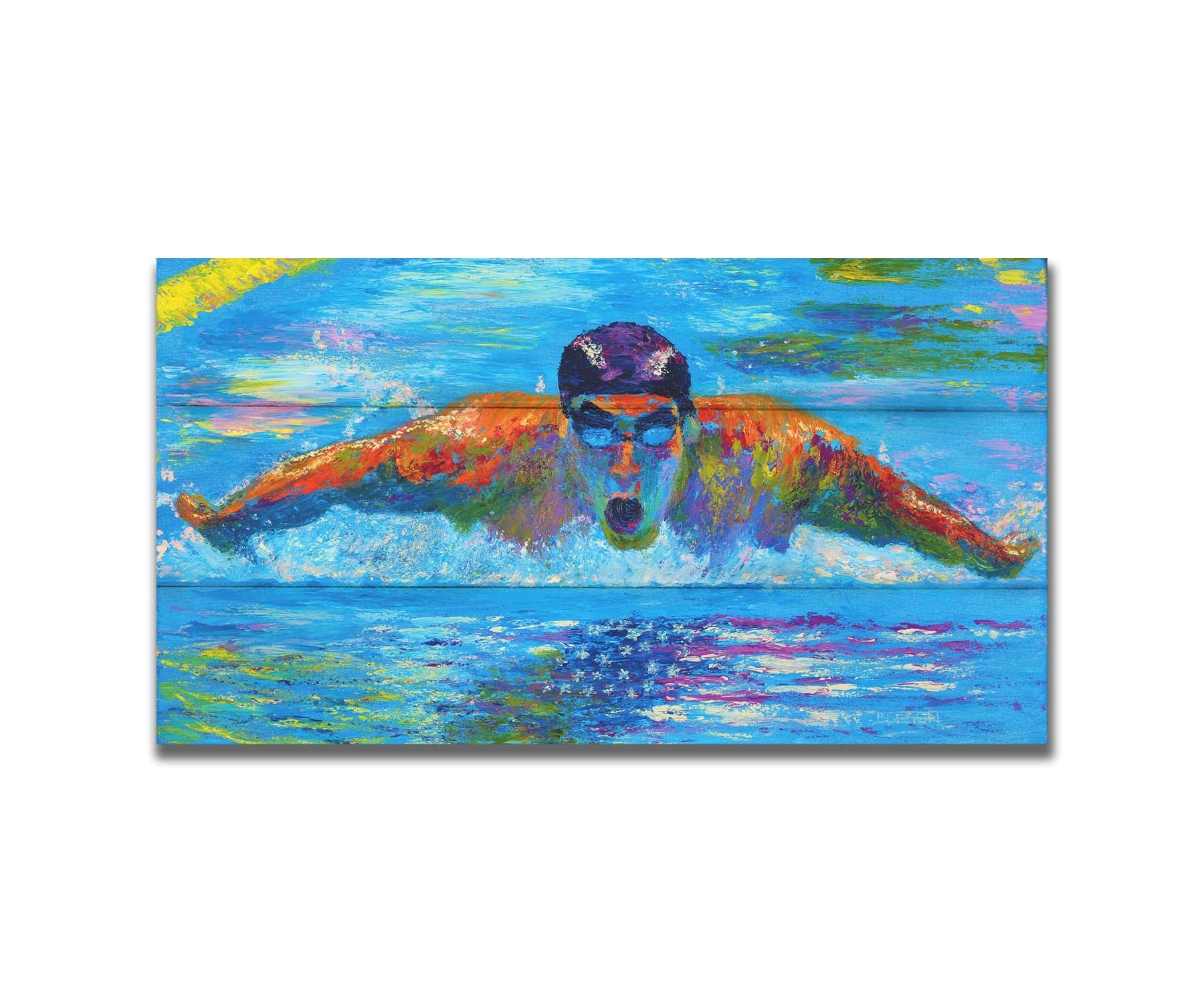 A painting of swimmer Michael Phelps in action, swimming through waters reflecting an American flag. Printed on a box board.