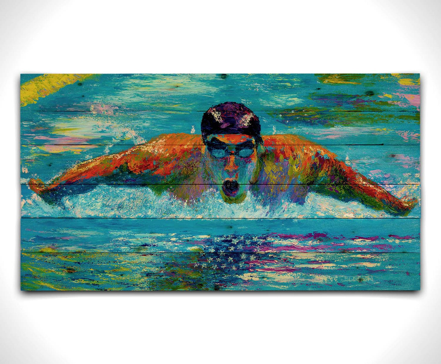 A painting of swimmer Michael Phelps in action, swimming through waters reflecting an American flag. Printed on a wood pallet.