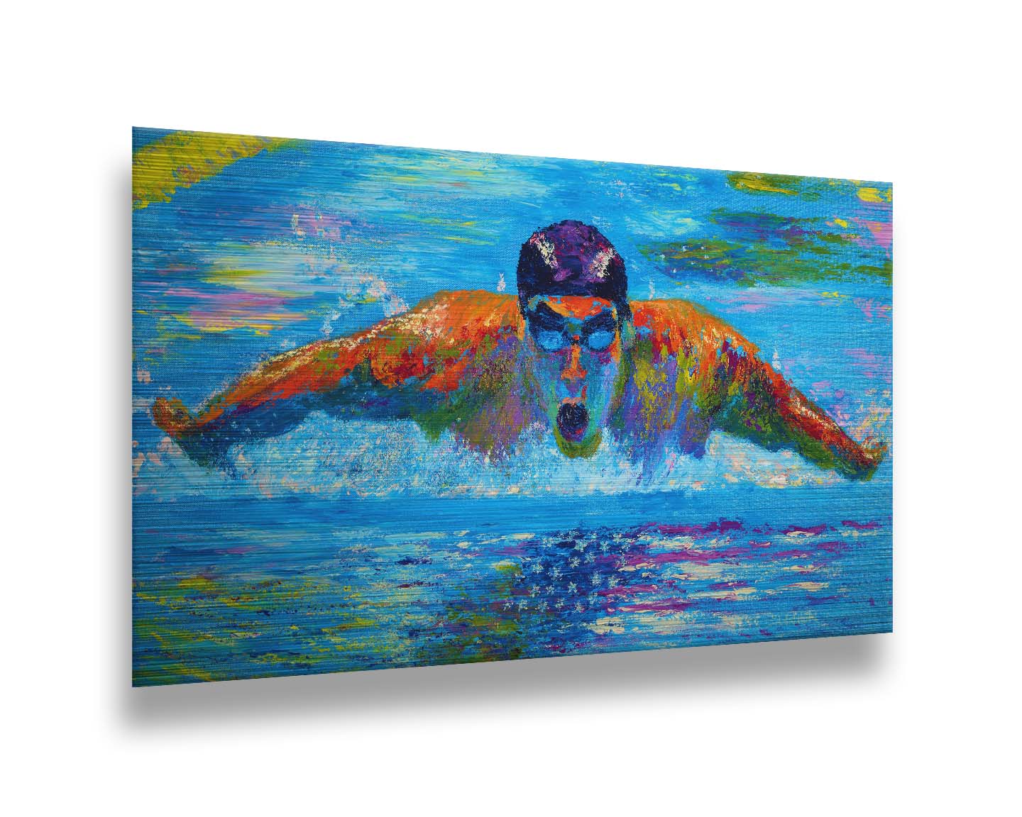 A painting of swimmer Michael Phelps in action, swimming through waters reflecting an American flag. Printed on metal.