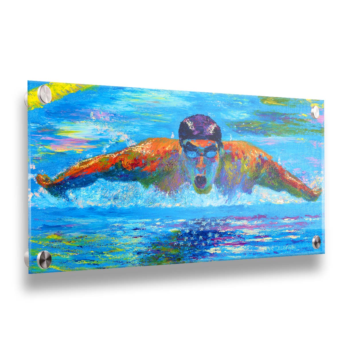 A painting of swimmer Michael Phelps in action, swimming through waters reflecting an American flag. Printed on acrylic.