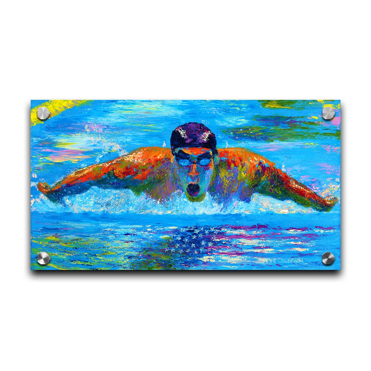 A painting of swimmer Michael Phelps in action, swimming through waters reflecting an American flag. Printed on acrylic.