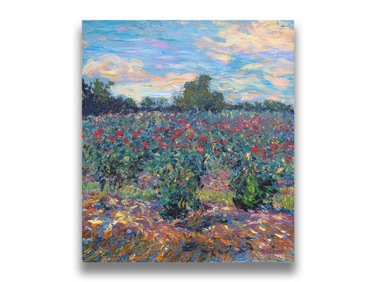 A painting of a field of rose bushes under a blue sky. The paint is layered in thick brushstrokes. Printed on canvas.