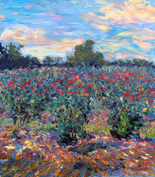 A painting of a field of rose bushes under a blue sky. The paint is layered in thick brushstrokes.