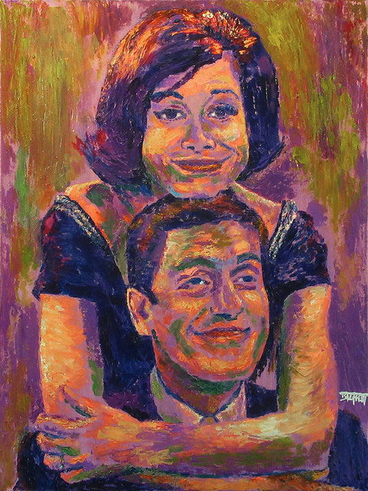 A colorful portrait of Mary Tyler Moore and Dick Van Dyke as Laura and Rob Petrie in "The Dick Van Dyke Show." Laura stands behind a sitting Rob, resting her chin on top of his head. The palette primarily consists of purples and yellows.
