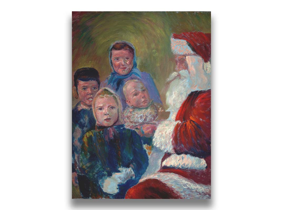 A painting of four children interacting with Santa Claus. Printed on canvas.