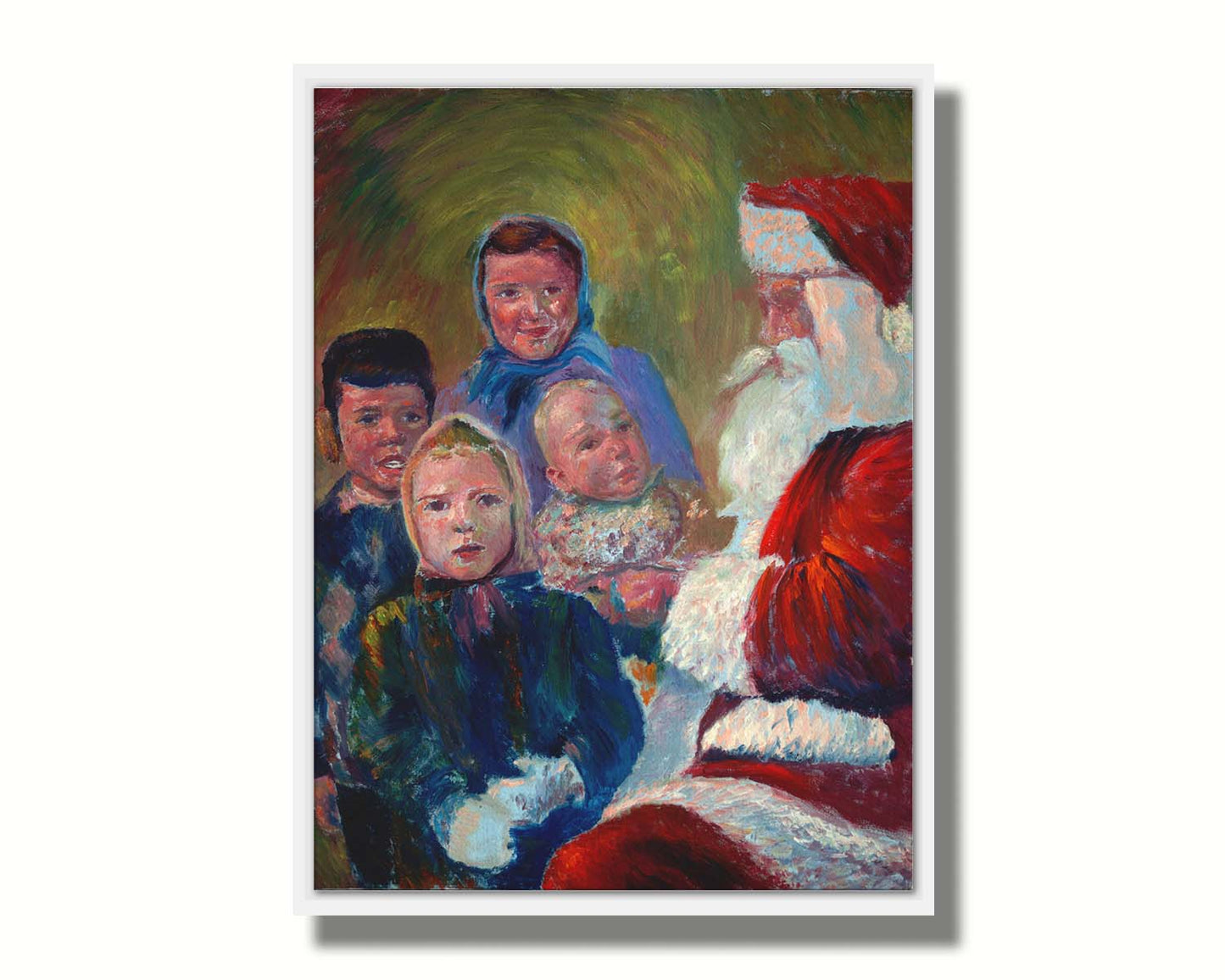 A painting of four children interacting with Santa Claus. Printed on canvas in a float frame.