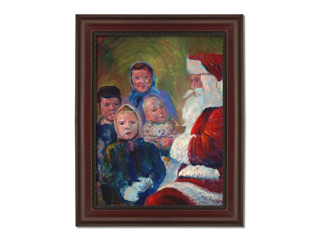 A painting of four children interacting with Santa Claus. Printed on canvas and framed.