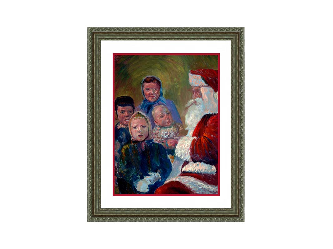 A painting of four children interacting with Santa Claus. Printed on paper, matted, and framed.