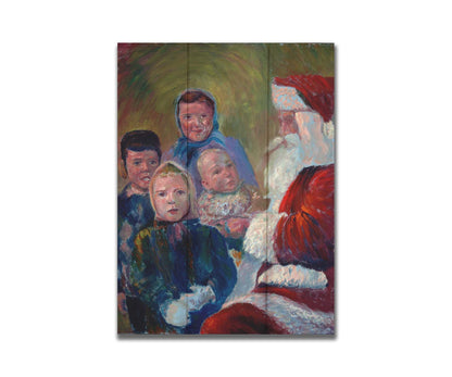 A painting of four children interacting with Santa Claus. Printed on a box board.