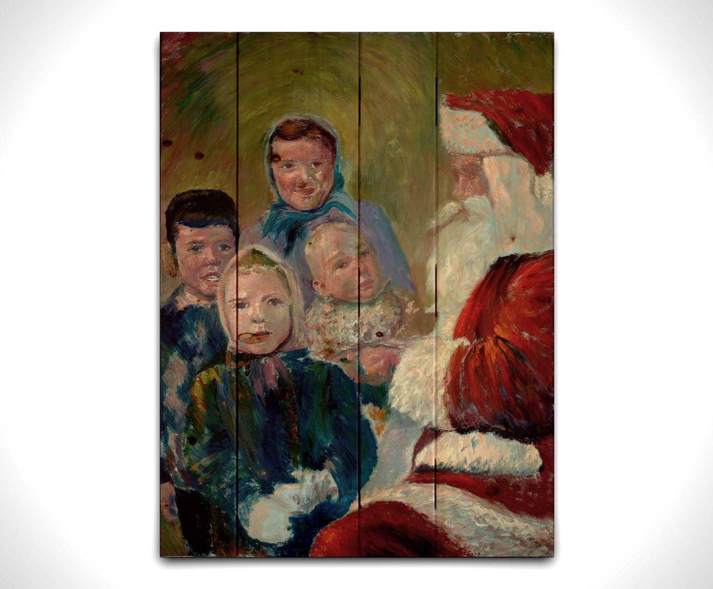 A painting of four children interacting with Santa Claus. Printed on a wood pallet.