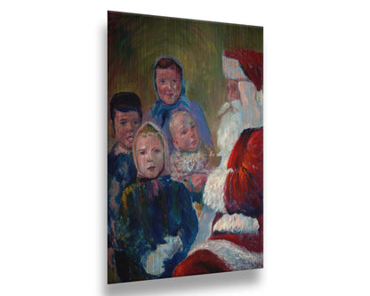 A painting of four children interacting with Santa Claus. Printed on metal.