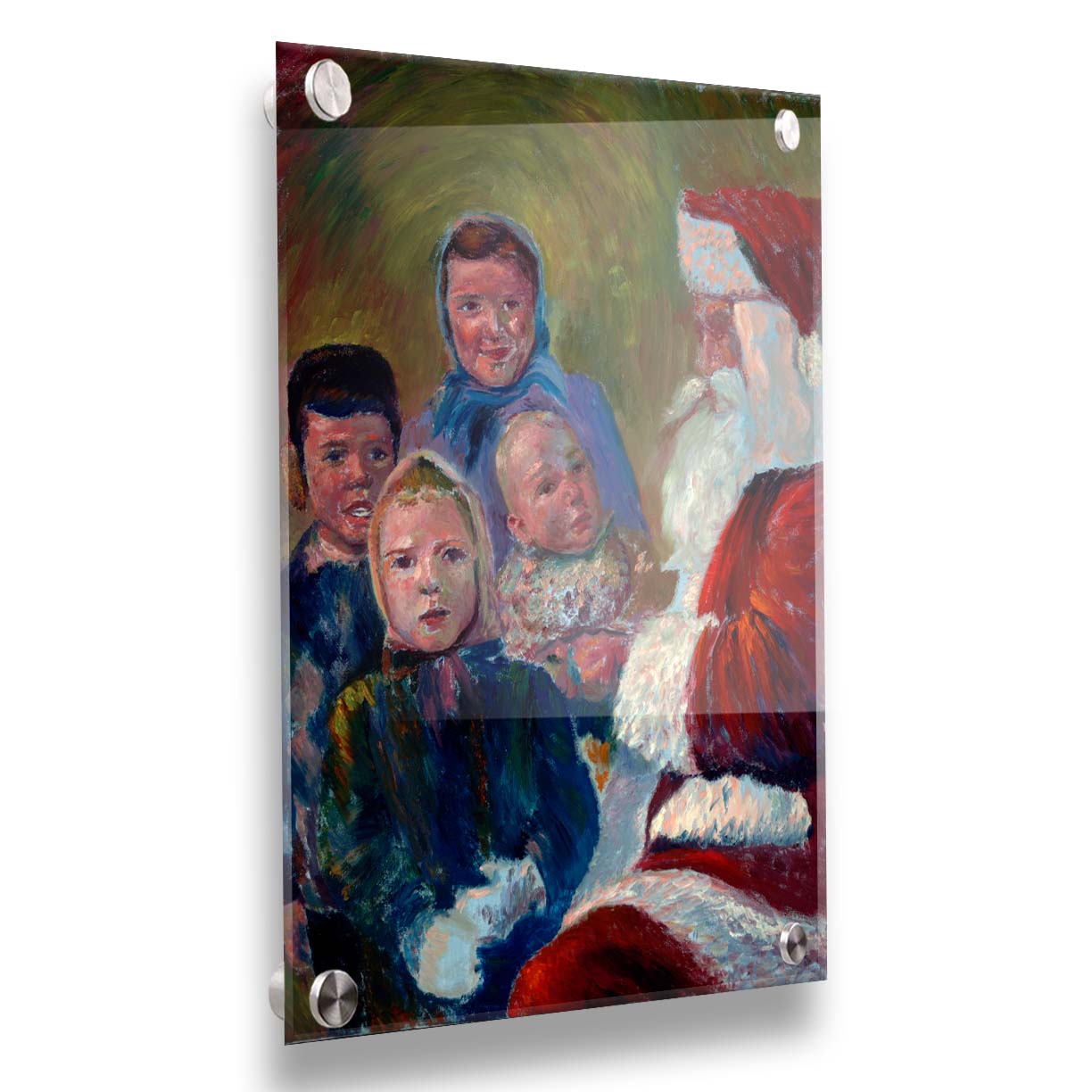 A painting of four children interacting with Santa Claus. Printed on acrylic.