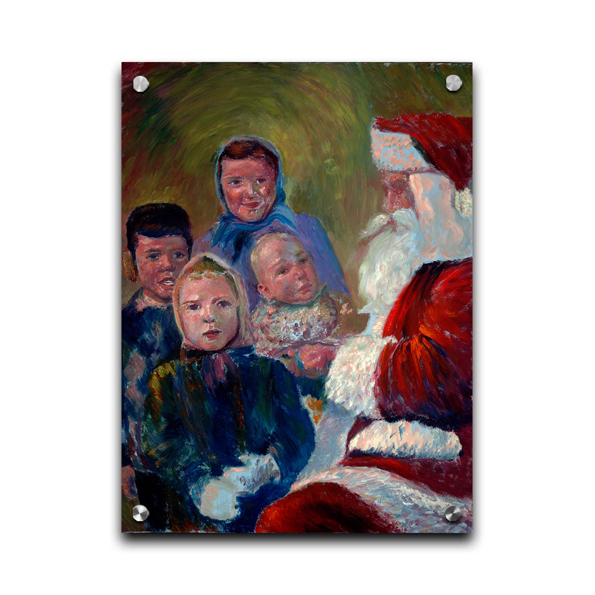 A painting of four children interacting with Santa Claus. Printed on acrylic.