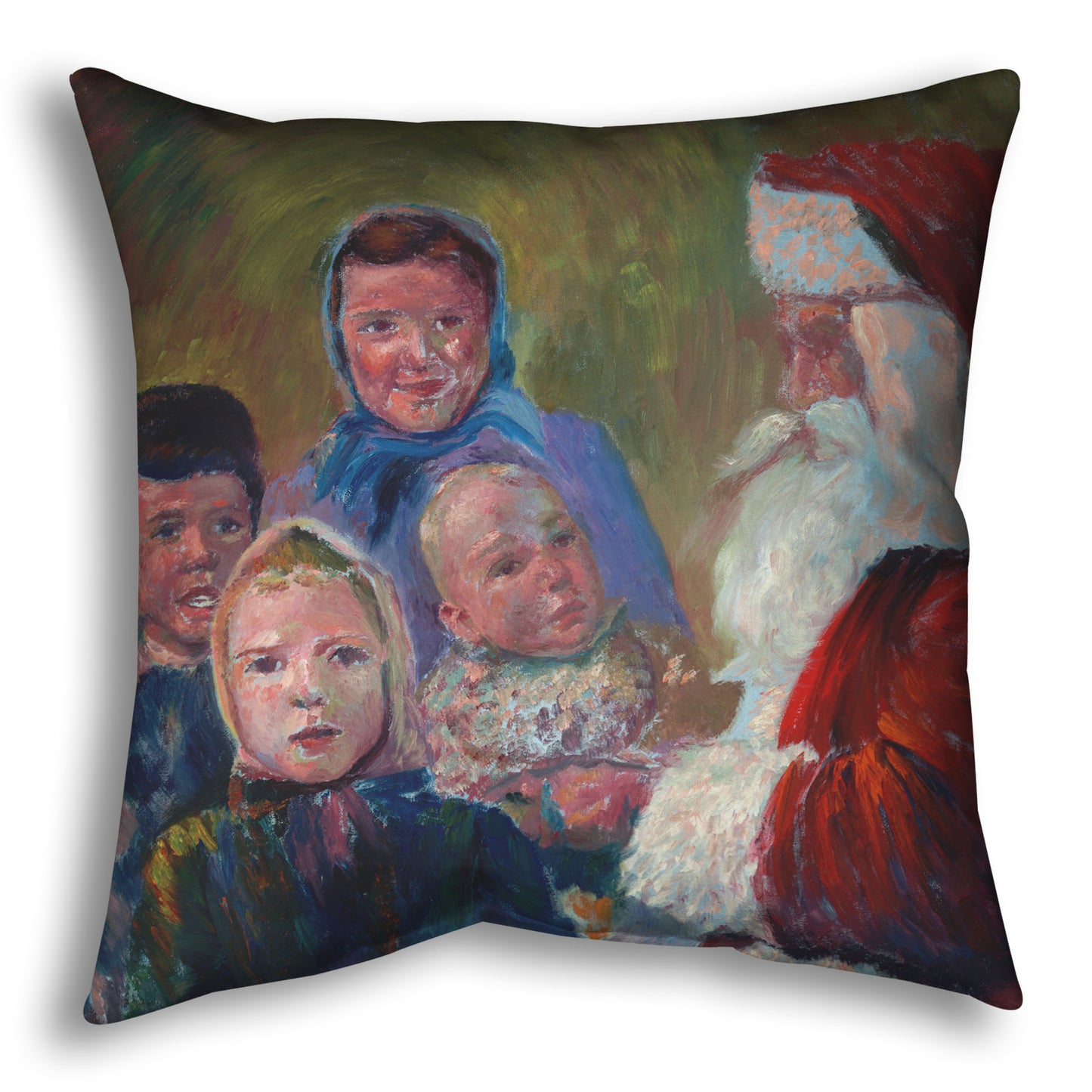 A throw pillow designed with a painting of four children meeting Santa Claus.
