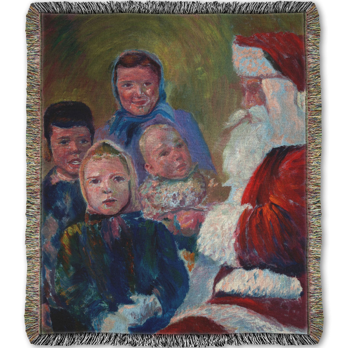 A woven throw blanket designed with a painting of four children meeting Santa Claus.