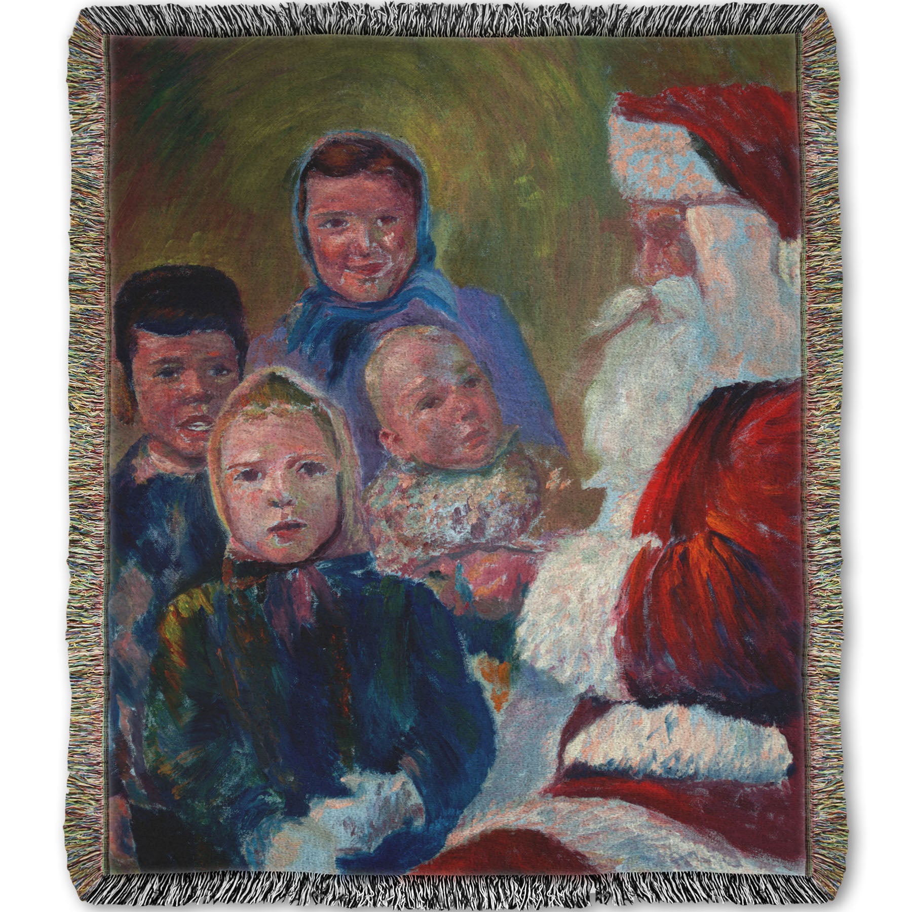 A woven throw blanket designed with a painting of four children meeting Santa Claus.