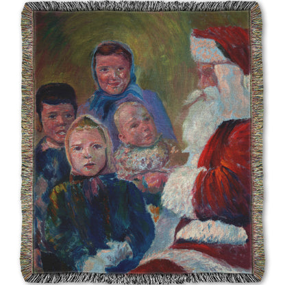 A woven throw blanket designed with a painting of four children meeting Santa Claus.