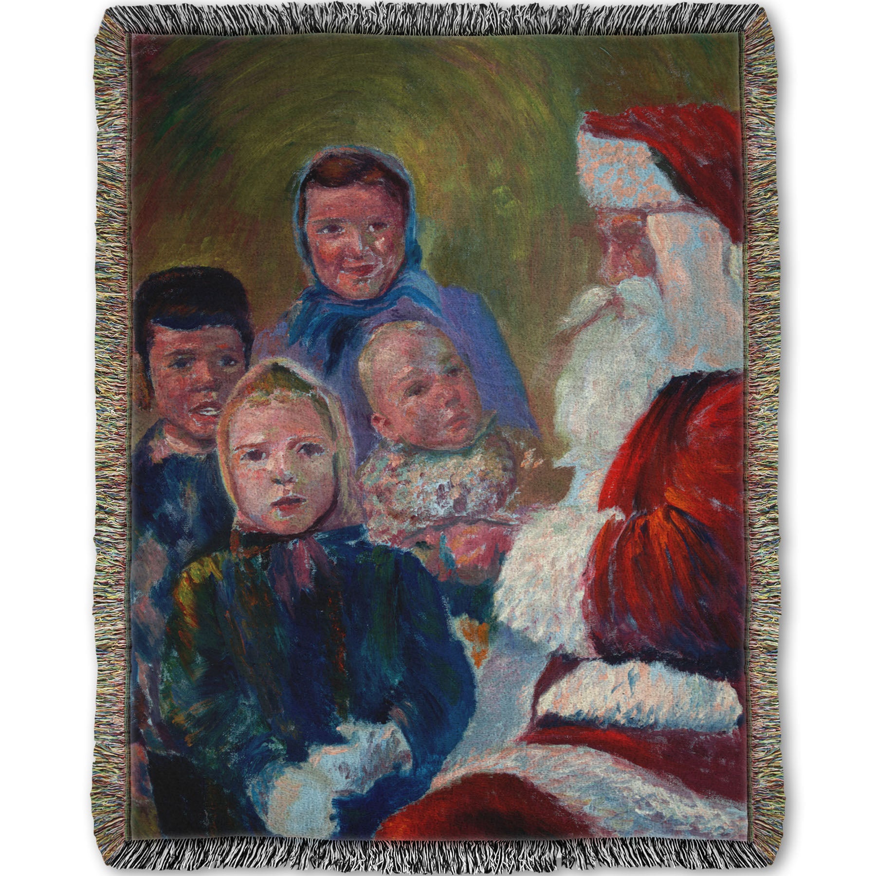 A woven throw blanket designed with a painting of four children meeting Santa Claus.
