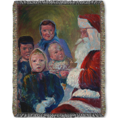 A woven throw blanket designed with a painting of four children meeting Santa Claus.