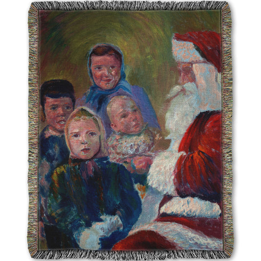 A woven throw blanket designed with a painting of four children meeting Santa Claus.