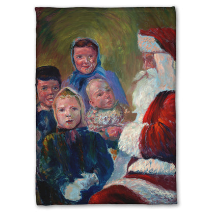 A coral fleece blanket designed with a painting of four children meeting Santa Claus.