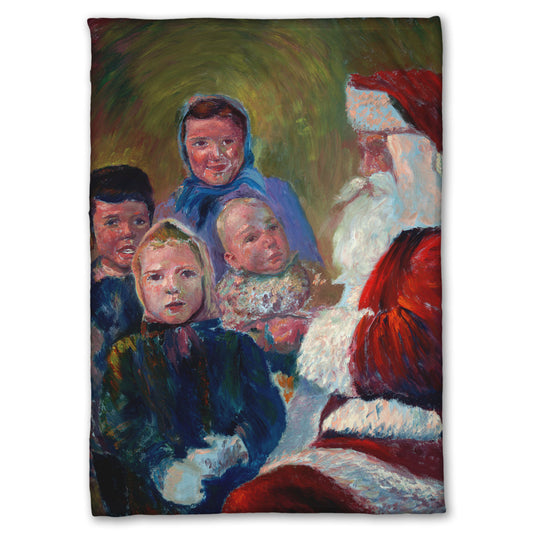 A coral fleece blanket designed with a painting of four children meeting Santa Claus.