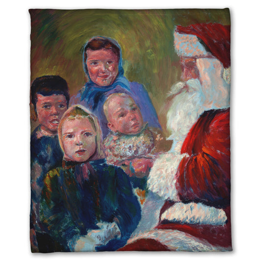A coral fleece blanket designed with a painting of four children meeting Santa Claus.