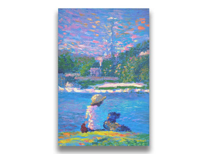 A painting of a person and their dog, sitting by the water. The Seattle Space Needle can be seen in the distance. Printed on canvas.