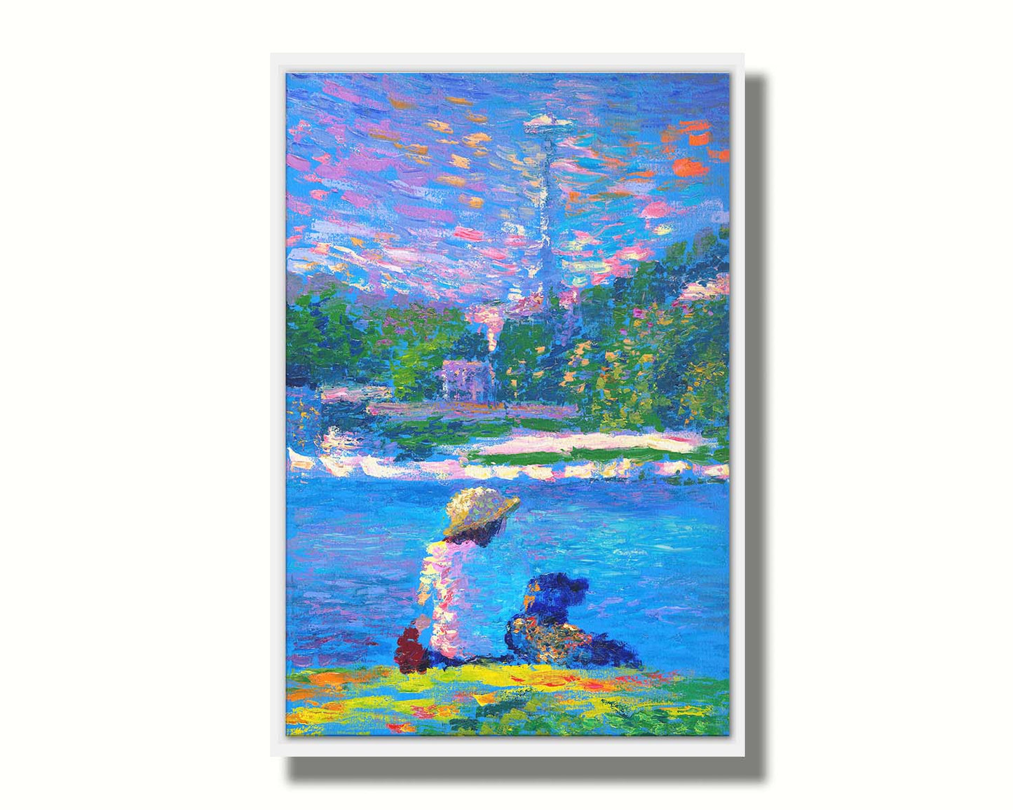 A painting of a person and their dog, sitting by the water. The Seattle Space Needle can be seen in the distance. Printed on canvas in a float frame.