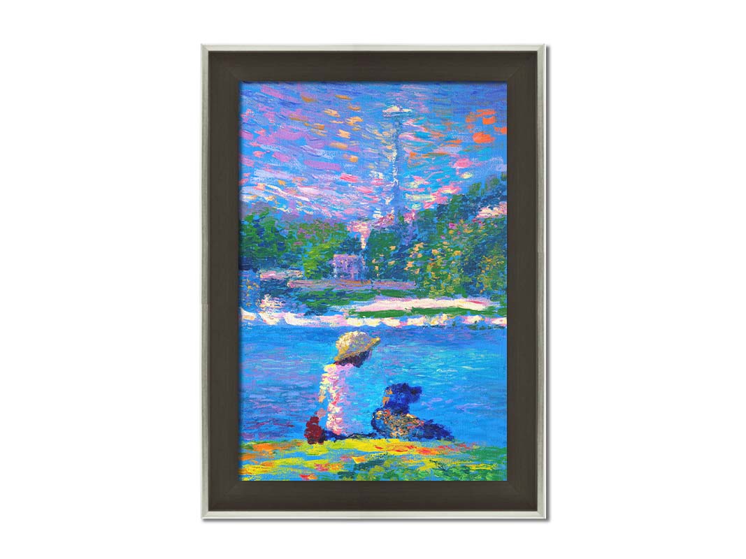 A painting of a person and their dog, sitting by the water. The Seattle Space Needle can be seen in the distance. Printed on canvas and framed.