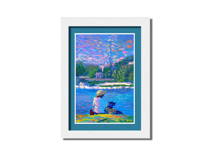 A painting of a person and their dog, sitting by the water. The Seattle Space Needle can be seen in the distance. Printed on paper, matted, and framed.