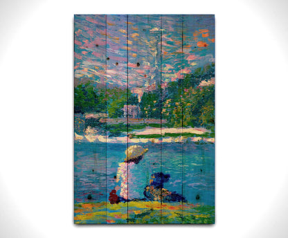 A painting of a person and their dog, sitting by the water. The Seattle Space Needle can be seen in the distance. Printed on a wood pallet.