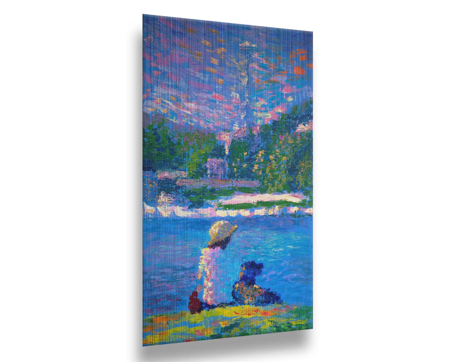 A painting of a person and their dog, sitting by the water. The Seattle Space Needle can be seen in the distance. Printed on metal.