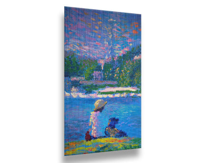 A painting of a person and their dog, sitting by the water. The Seattle Space Needle can be seen in the distance. Printed on metal.