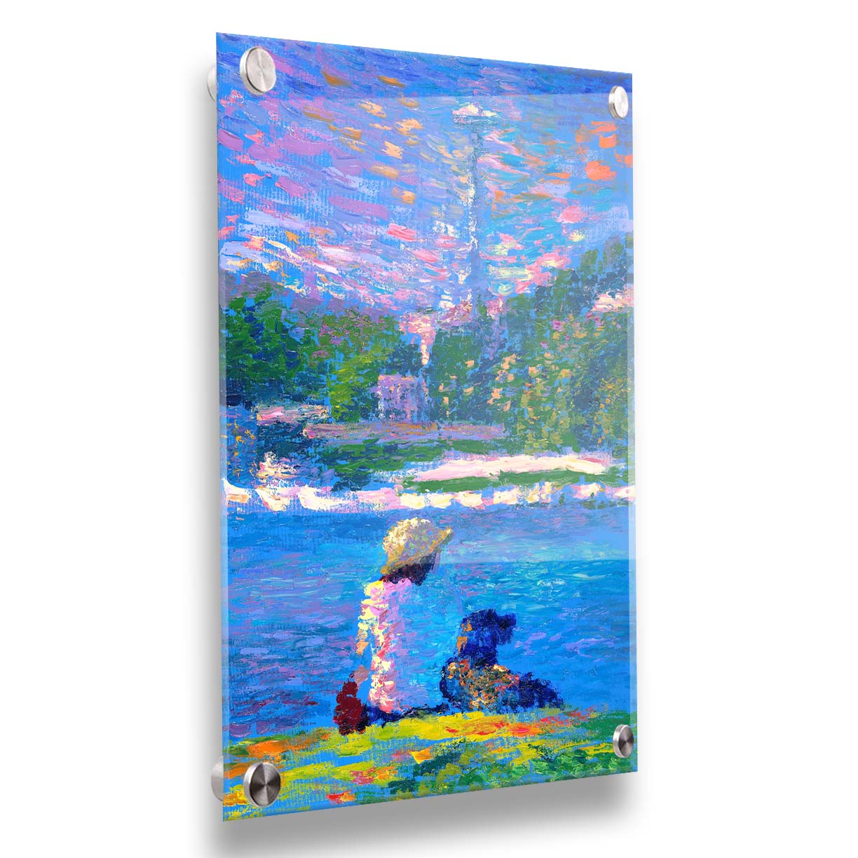 A painting of a person and their dog, sitting by the water. The Seattle Space Needle can be seen in the distance. Printed on acrylic.