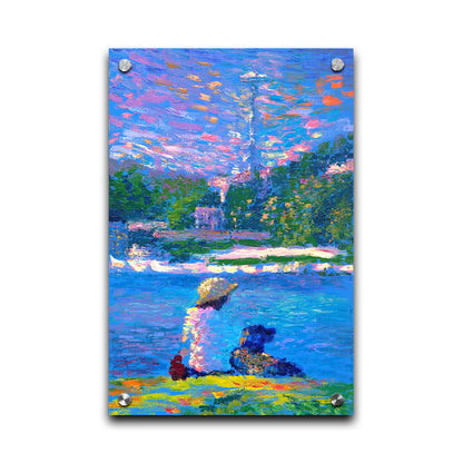 A painting of a person and their dog, sitting by the water. The Seattle Space Needle can be seen in the distance. Printed on acrylic.