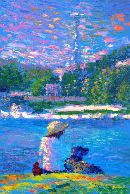 A painting of a person and their dog, sitting by the water. The Seattle Space Needle can be seen in the distance. 