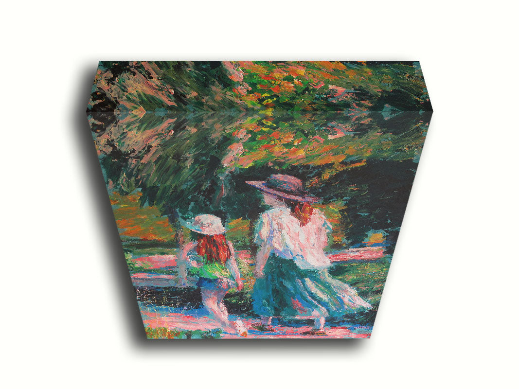 A painting of a woman and her child walking on a path through a park. Printed on canvas.