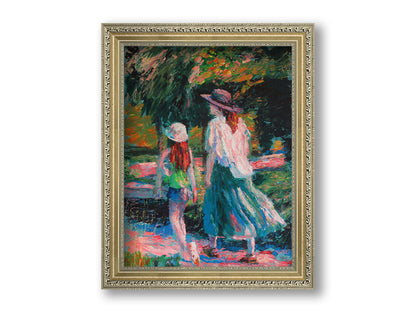 A painting of a woman and her child walking on a path through a park. Printed on canvas and framed.