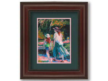 A painting of a woman and her child walking on a path through a park. Printed on paper, matted, and framed.