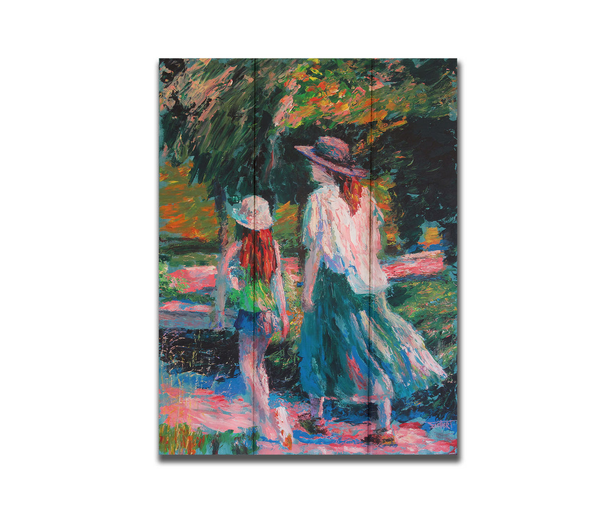 A painting of a woman and her child walking on a path through a park. Printed on a box board.