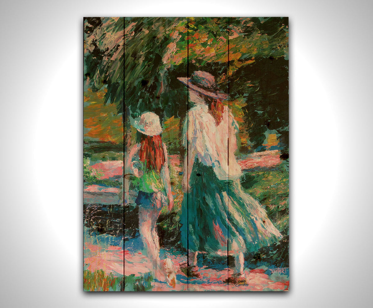 A painting of a woman and her child walking on a path through a park. Printed on a wood pallet.