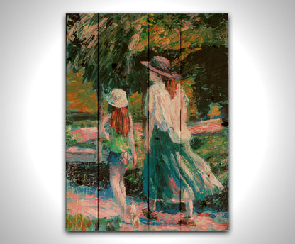 A painting of a woman and her child walking on a path through a park. Printed on a wood pallet.