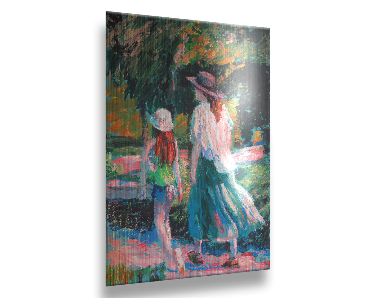 A painting of a woman and her child walking on a path through a park. Printed on metal.