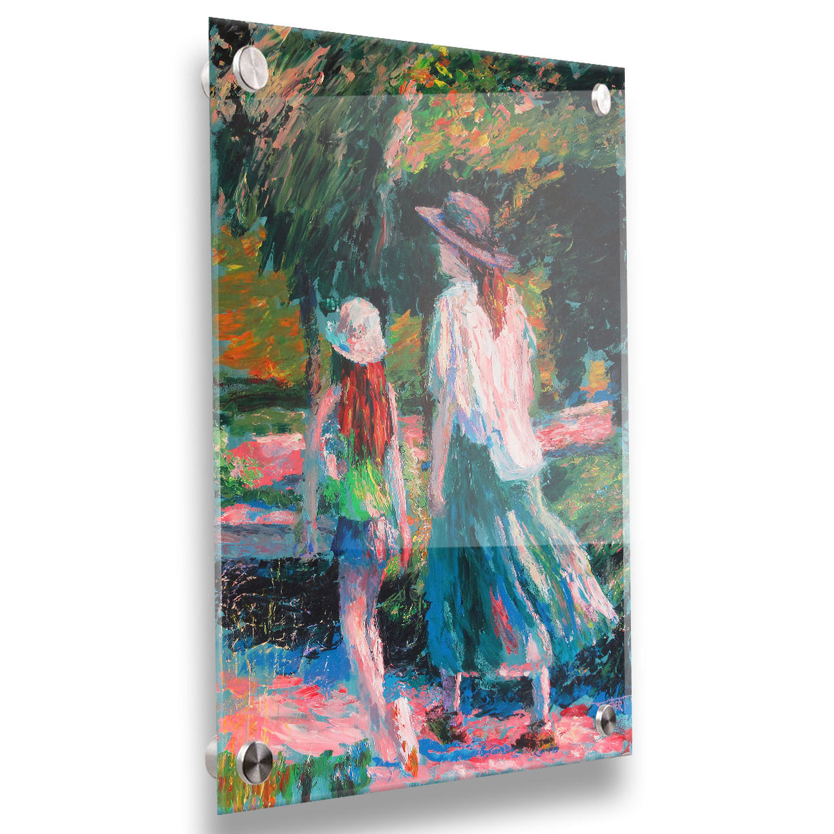 A painting of a woman and her child walking on a path through a park. Printed on acrylic.