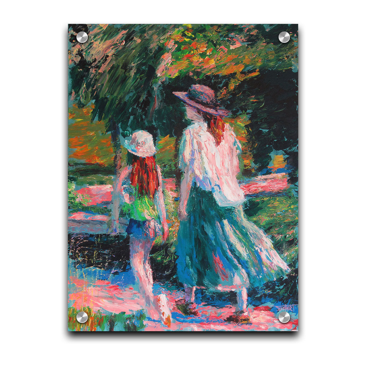 A painting of a woman and her child walking on a path through a park. Printed on acrylic.