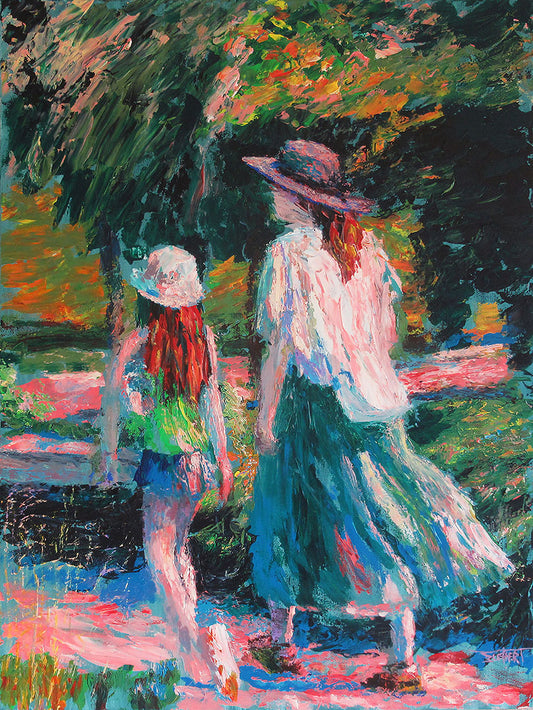 A painting of a woman and her child walking on a path through a park.