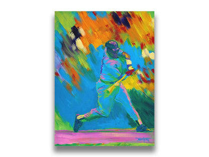 A colorful painting of a baseball player swinging a bat. The wide spectrum of vibrant colors are applies with thick brushstrokes, creating a sense of movement. Printed on canvas.